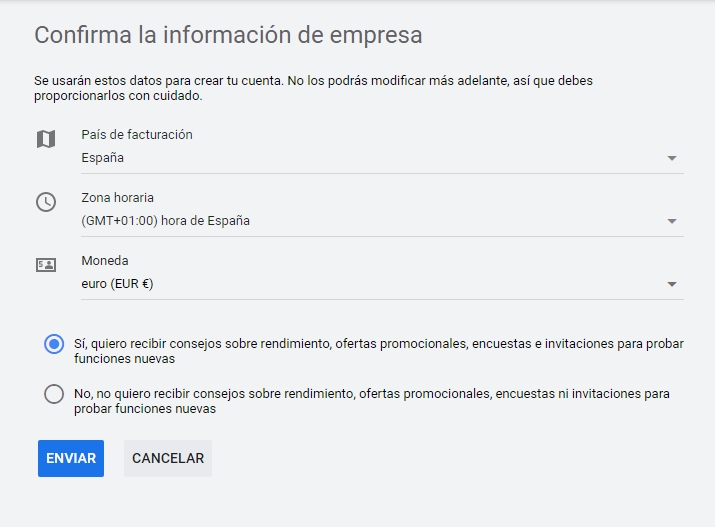 Confirmar información de empresa o particular