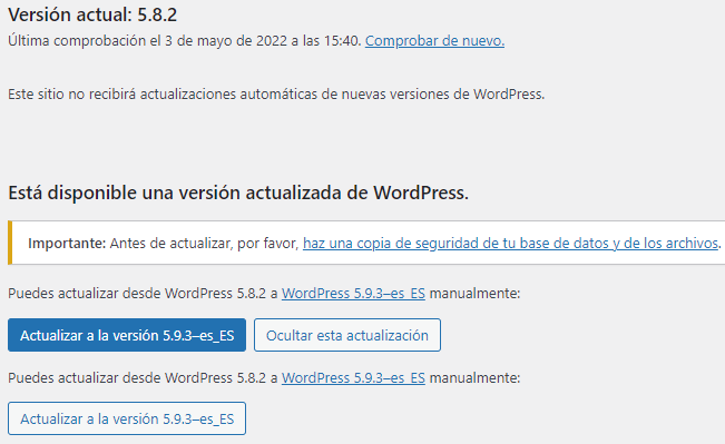 Ver la versión de WordPress desde el área de administración o backoffice.