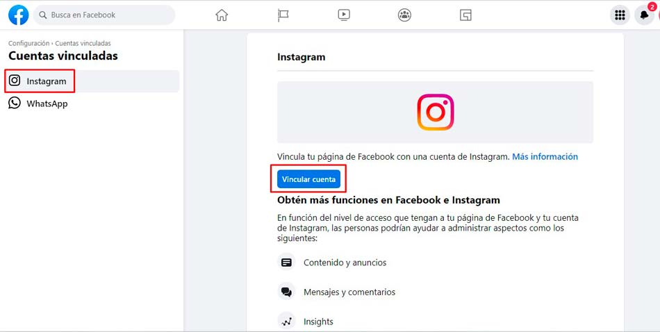 vincular cuenta de instagram con facebook