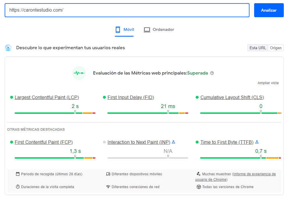 Resultado de evaluación web con Google PageSpeed
