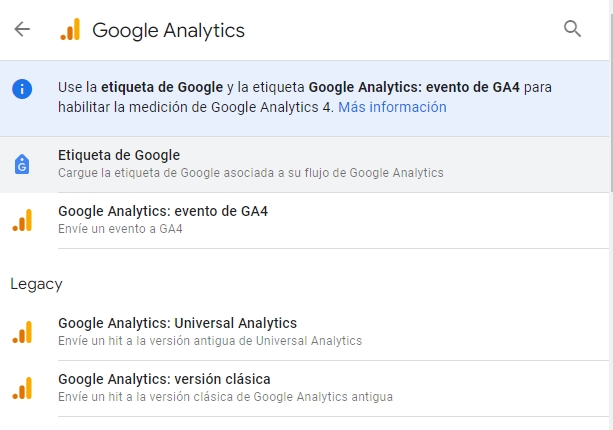 Paso 2.1: Elegimos la etiqueta de Google Analytics: evento de GA4