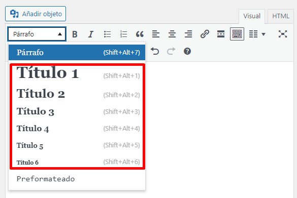 Encabezados en editor clásico de WordPress