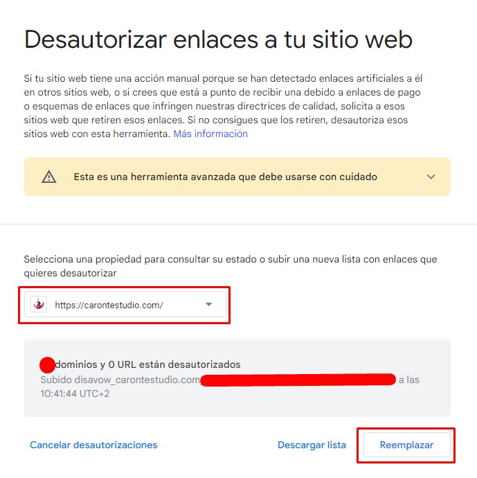 Herramienta de Google para desautorizar un dominio tóxico