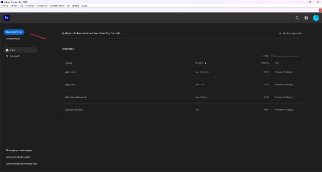 Editar videos en Adobe Premiere crear proyecto