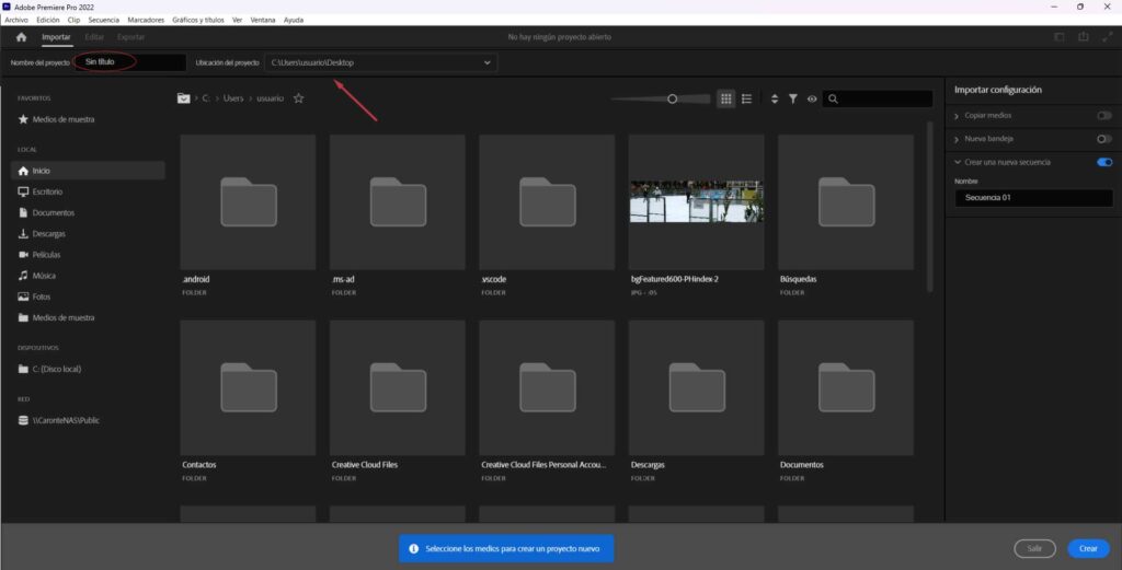 Editar videos en Adobe Premiere crear proyecto, nombre y ubicación