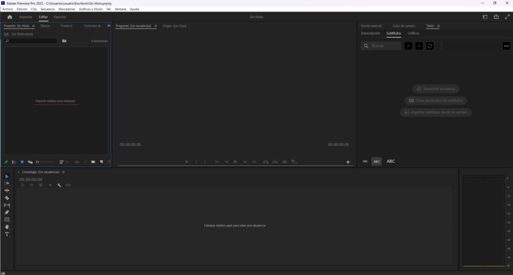 Editar videos en Adobe Premiere interfaz