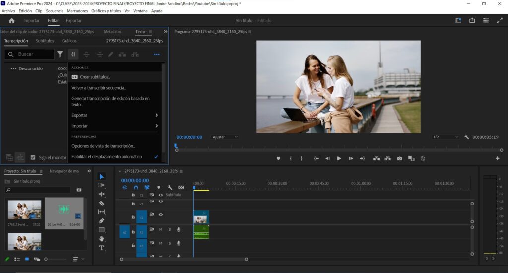 Subtítulos automáticos en premiere crear subtítulo