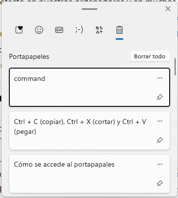 vista de la herramienta portapapeles de windows 11