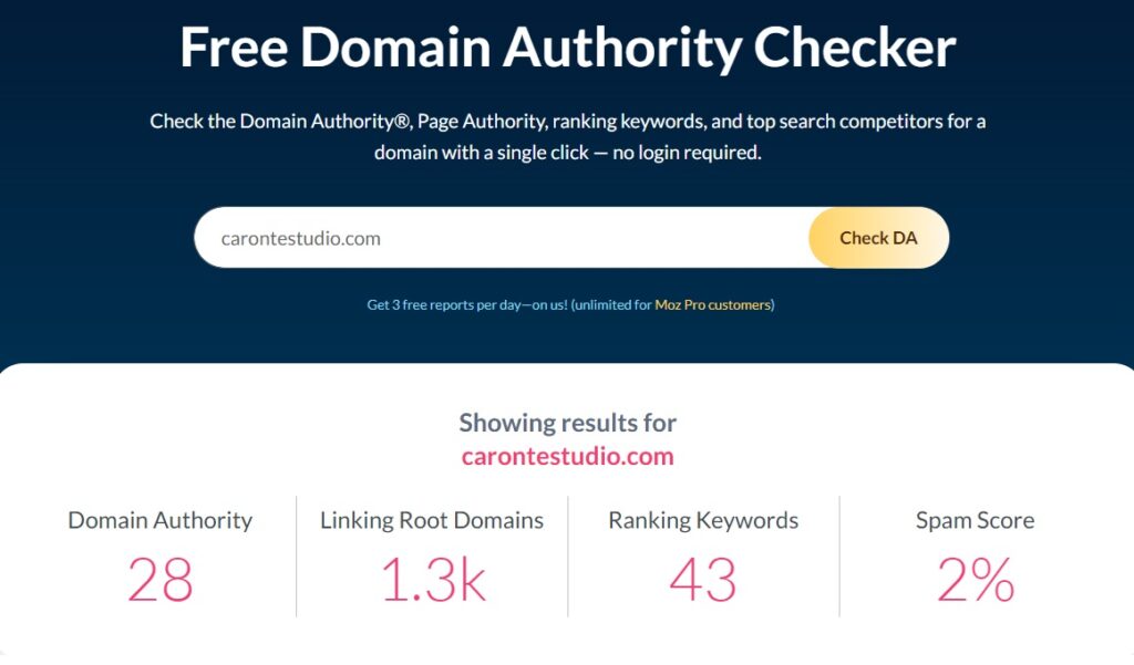 Comprueba tu autoridad de dominio con Moz.