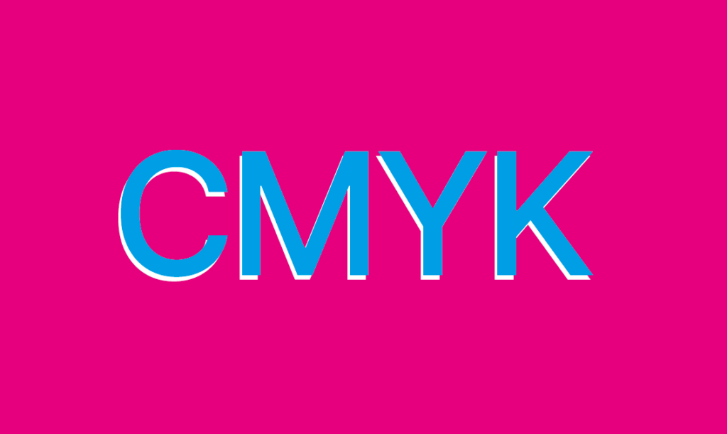 Fallo de registro de la palabra CMYK en azul sobre fondo rosa, siendo visible la reserva.