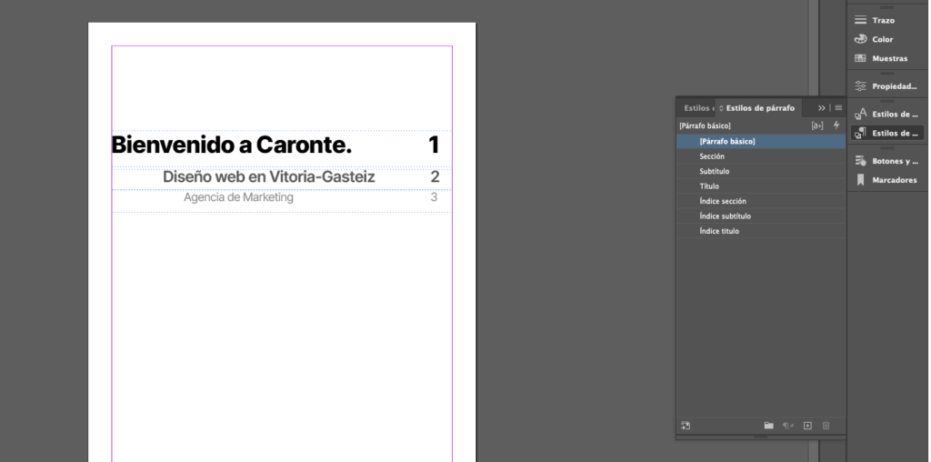 Interfaz InDesign crear estilos de párrafo para el índice