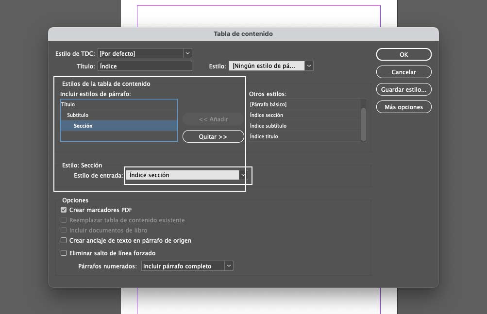 Interfaz InDesign crear tabla de contenido