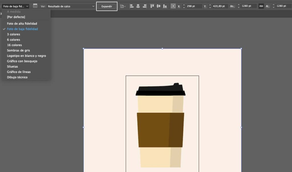 Interfaz Adobe Illustrator aplicar calco de imagen a través de los tipos que ofrece y expandir