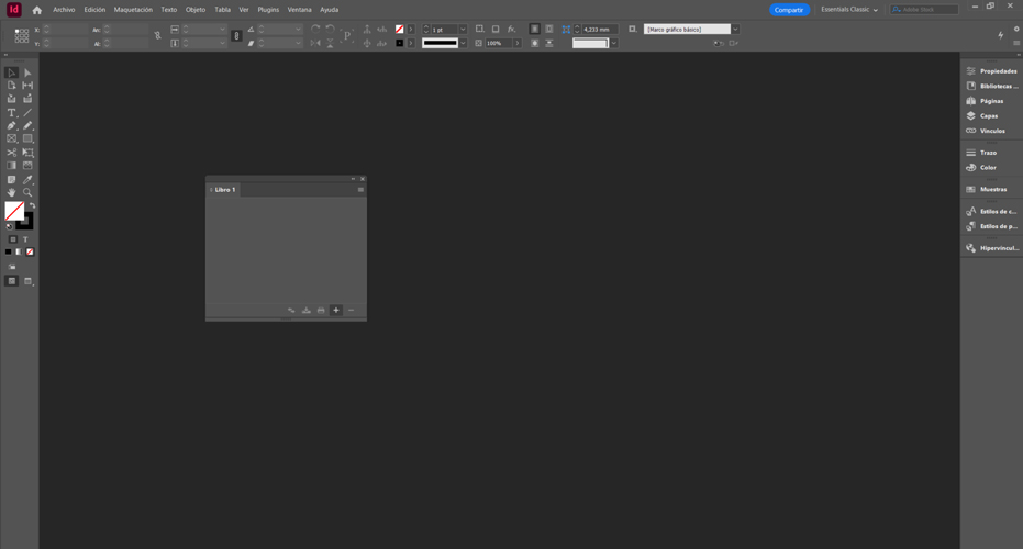 Interfaz de InDesign creando un archivo tipo Libro.
