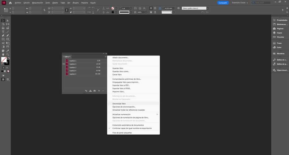 Interfaz de InDesign en un archivo tipo Libro, unificando estilos