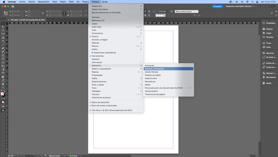 Interfaz de InDesign, herramienta Botones y formularios