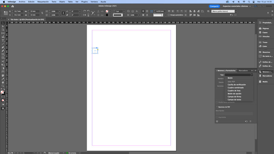 Interfaz de InDesign, diferentes opciones de interactividad