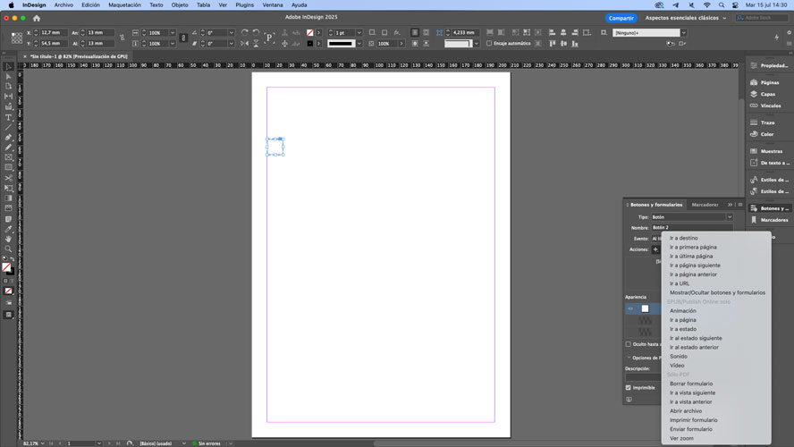 Interfaz de InDesign, opción Botón