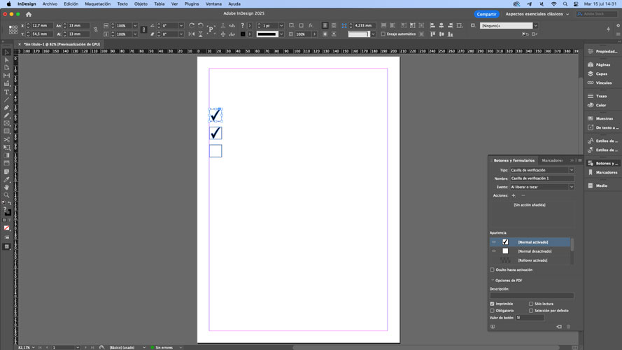 Interfaz de InDesign, opción Casilla de verificación