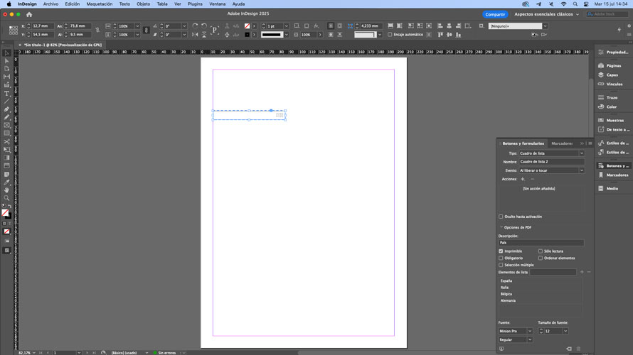 Interfaz de InDesign, opción Cuadro de lista