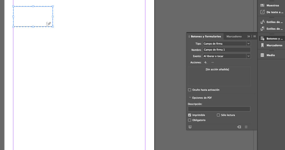 Interfaz de InDesign, opción Campo de firma