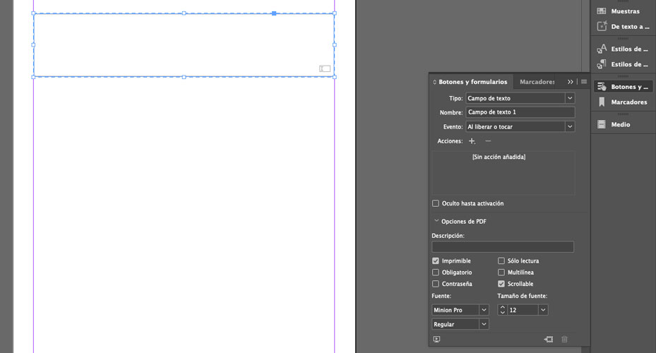Interfaz de InDesign, opción Campo de texto