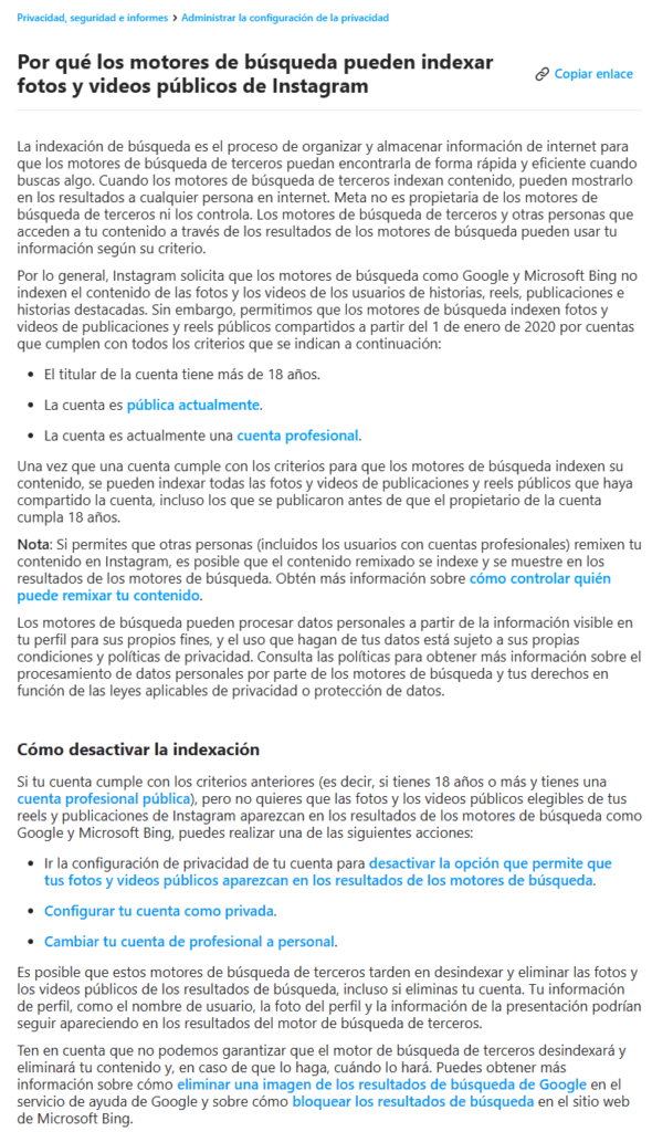 Indexar fotos y videos públicos de Instagram