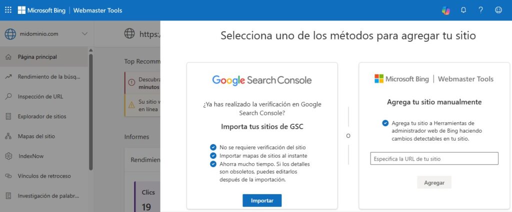 Herramienta de importación de Search Console en Bing Webmaster Tools